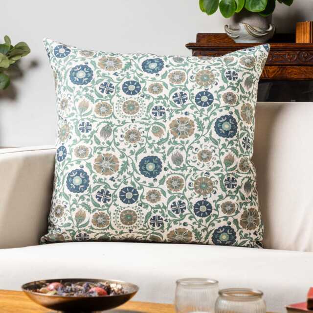 Tudor Rose Extra-Large Cushion Cover in Teal Blue. Classic Floral & Botanical Trailing Vines Design. 23X23 - image 1