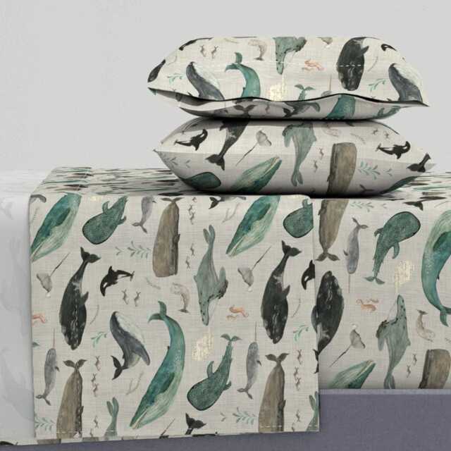 Watercolor Whales Sheets - Whale's Song Gray By Katherine_Quinn Sea Ocean Life Cotton Sateen Sheet Set Bedding Spoonflower - image 1