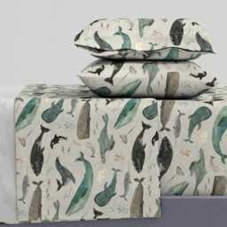Watercolor Whales Sheets - Whale's Song Gray By Katherine_Quinn Sea Ocean Life Cotton Sateen Sheet Set Bedding Spoonflower