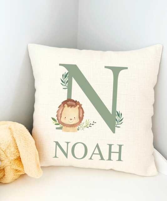 Lion Baby Cushion, Personalised New Name Jungle Bedroom Sage Green Safari Bedroom, Boys Cushion Cover Filling - image 1