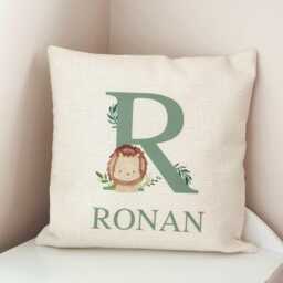 Lion Baby Cushion, Personalised New Name Jungle Bedroom Sage Green Safari Bedroom, Boys Cushion Cover Filling - thumbnail 3