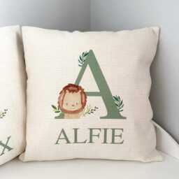 Lion Baby Cushion, Personalised New Name Jungle Bedroom Sage Green Safari Bedroom, Boys Cushion Cover Filling - thumbnail 2