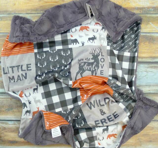 Little Man Personalized Minky Blanket - Deer Woodland Animals Baby Boy Nursery Newborn - image 1