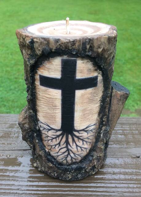 Candle~Log Cross Carved~Rustic Decor ~ Unique Soy Pillar~Carved in Tree Candle Easter Gift, Can Personalize - image 1