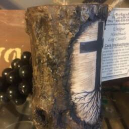 Candle~Log Cross Carved~Rustic Decor ~ Unique Soy Pillar~Carved in Tree Candle Easter Gift, Can Personalize - thumbnail 2