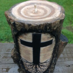 Candle~Log Cross Carved~Rustic Decor ~ Unique Soy Pillar~Carved in Tree Candle Easter Gift, Can Personalize - thumbnail 3