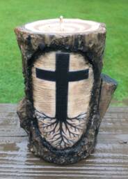 Candle~Log Cross Carved~Rustic Decor ~ Unique Soy Pillar~Carved in Tree Candle Easter Gift, Can Personalize - thumbnail 1