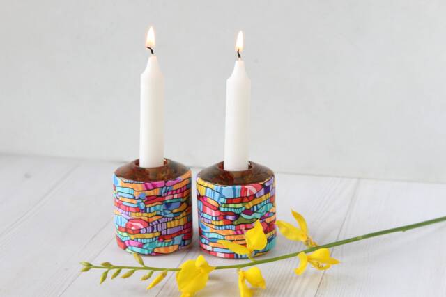 Colorful Shabbat Candlesticks Polymer Clay Jewish Candle Holders - image 1