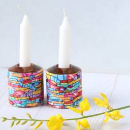 Colorful Shabbat Candlesticks Polymer Clay Jewish Candle Holders - thumbnail 2