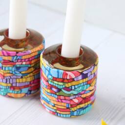 Colorful Shabbat Candlesticks Polymer Clay Jewish Candle Holders - thumbnail 3