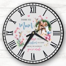 Thank You Mum Photo Bird Flowers Grey Personalised Gift Clock - thumbnail 1