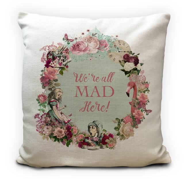 Alice Adventures in Wonderland Cushion Cover, Vintage Style, Home Decor Quote Were All Mad Here - 40cm 16 Inches - image 1