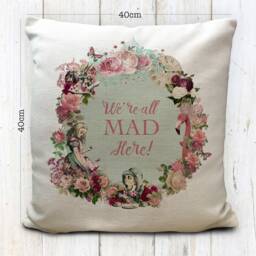 Alice Adventures in Wonderland Cushion Cover, Vintage Style, Home Decor Quote Were All Mad Here - 40cm 16 Inches - thumbnail 3