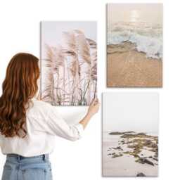 Canvas Art Set Of 3 - Beach Grass Waves & Seaside Stones Boho, Beige Photo Print, Landscapes Wall Decor - thumbnail 3