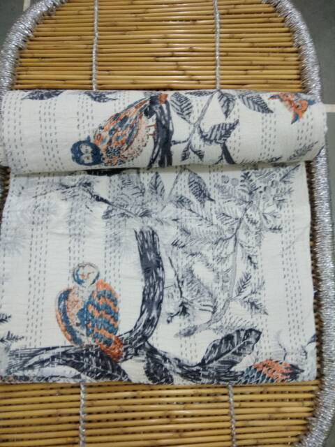 "Handmade Owl Print Kantha Quilt Indian Cotton Bedspread - 90""x108" - image 1