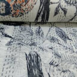 "Handmade Owl Print Kantha Quilt Indian Cotton Bedspread - 90""x108" - thumbnail 2
