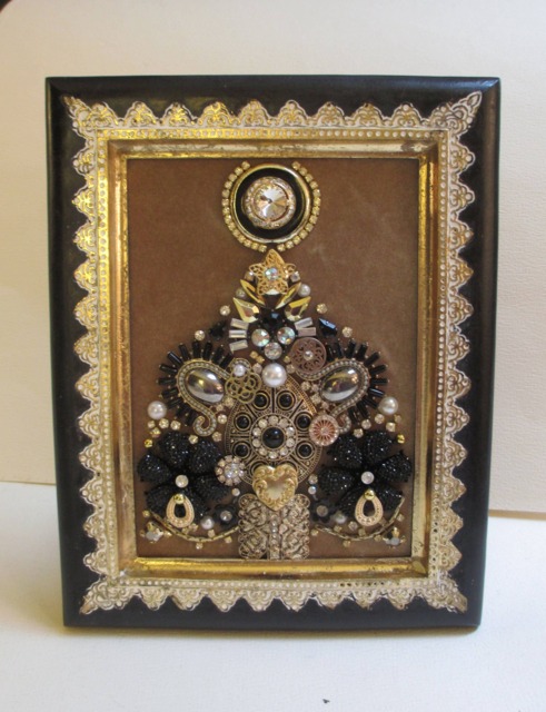 Jeweled Framed Jewelry Art Christmas Tree Black Gold Champagne Gift - image 1