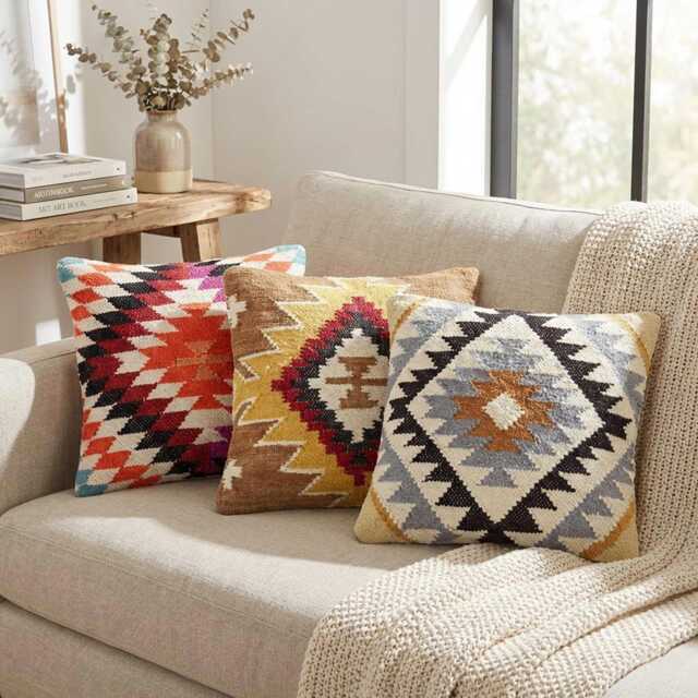 Handwoven Kilim Cushion 45x45cm With Feather Filling Boho Wool - image 1