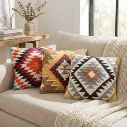 Handwoven Kilim Cushion 45x45cm With Feather Filling Boho Wool - thumbnail 1