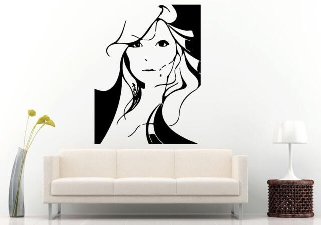 Woman Girls Face Wavy Blowing Hair Salon Spa Wall Decal Vinyl Sticker Mural Room Decor L561 - image 1