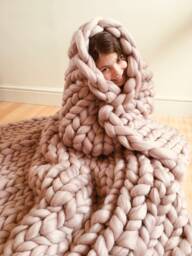 Powder Blush Merino Wool Chunky Knit Blanket, Partially Felted, Handmade in UK