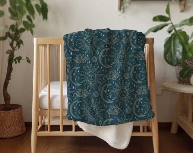Celestial - Teal & Gold Beige, Sherpa Fleece Blanket, Decor, Kids Bedding, Children's Room, Blue Green Blanket - image 1