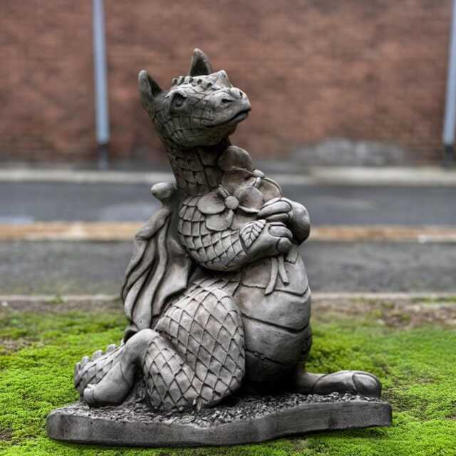 Dragon With Flowers Figurine Concrete Animal Sculpture Stone Mythical Creature Statue Handmade Outdoor Ornament Fantasy Yard Gift - image 1