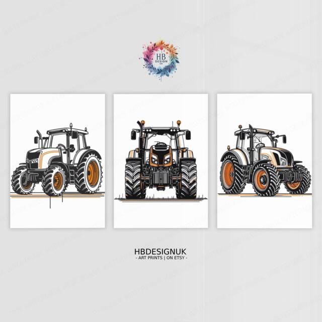 Kids Tractor Poster Set - 3 Orange Posters - Boys Bedroom Artwork Farm Wall Art Tractors Farmyard Nursery Decor Gift Farmer Print - image 1