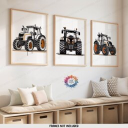 Kids Tractor Poster Set - 3 Orange Posters - Boys Bedroom Artwork Farm Wall Art Tractors Farmyard Nursery Decor Gift Farmer Print - thumbnail 2