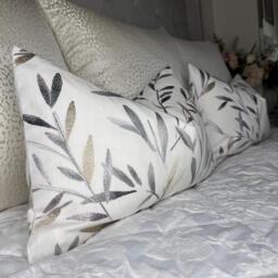 Ivory Silver Leaf Cushion Cover Sofa /Bed, Decorative Lumbar Size Throw Pillow - Embroidered Leaves Design John Lewis Langley Fabric