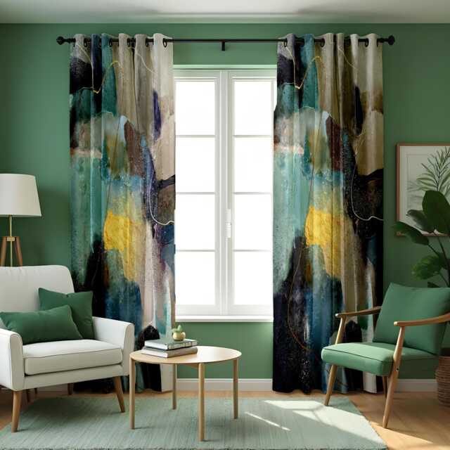 Abstract Watercolor Curtains, Dark Blues & Greens Geometric Drapes, Custom Length Colorful Curtain Panels - image 1