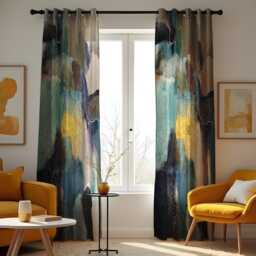 Abstract Watercolor Curtains, Dark Blues & Greens Geometric Drapes, Custom Length Colorful Curtain Panels - thumbnail 2