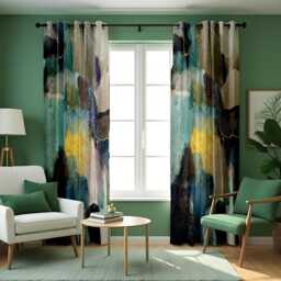 Abstract Watercolor Curtains, Dark Blues & Greens Geometric Drapes, Custom Length Colorful Curtain Panels - thumbnail 1