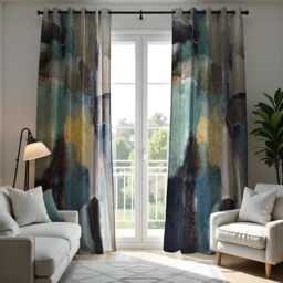 Abstract Watercolor Curtains, Dark Blues & Greens Geometric Drapes, Custom Length Colorful Curtain Panels - thumbnail 3