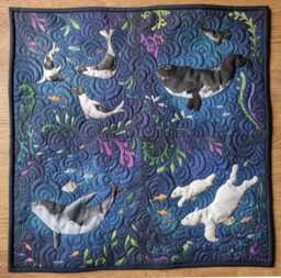 "Embroidered Textile Art Quilt ""Swimming Lessons' Ocean Wall Hanging - 24x24" - thumbnail 1