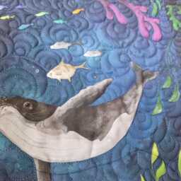 "Embroidered Textile Art Quilt ""Swimming Lessons' Ocean Wall Hanging - 24x24" - thumbnail 3