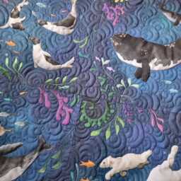 "Embroidered Textile Art Quilt ""Swimming Lessons' Ocean Wall Hanging - 24x24" - thumbnail 4