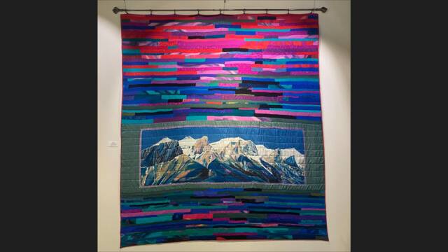 Queen Size Quilt, Hand Painted Silk, Silk Painting Of Mountains, Unique Quilt. Bed Bed Spread, Art One A Kind Quilt - image 1