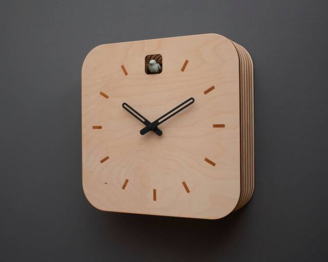 Minimal Wooden Wall Clock - Square Birch Plywood Design With Custom Color Hands & Bird - image 1