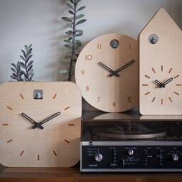Minimal Wooden Wall Clock - Square Birch Plywood Design With Custom Color Hands & Bird - thumbnail 2