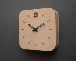 Minimal Wooden Wall Clock - Square Birch Plywood Design With Custom Color Hands & Bird - thumbnail 1