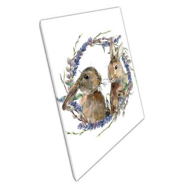 Curious Bunnies in Lavender Wreath Watercolor Canvas Print For Home, Office & Kids Room Decor - image 1