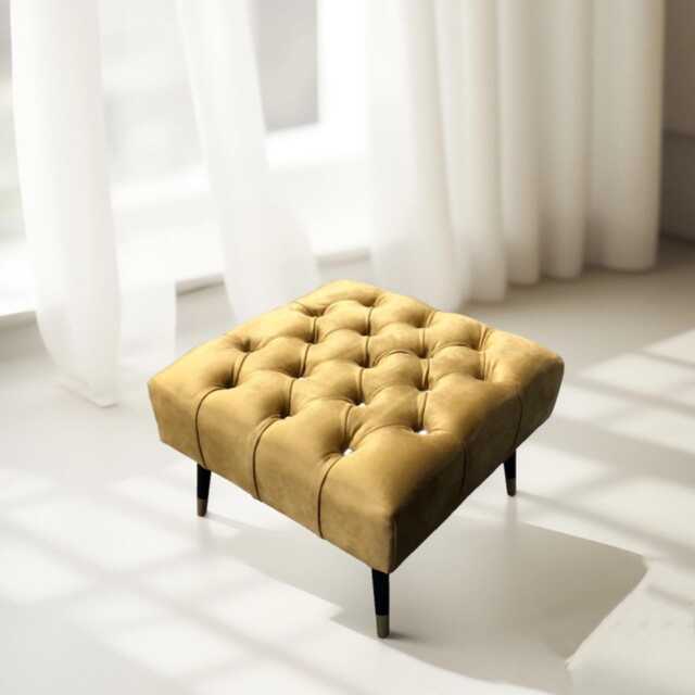 Plush Velvet Chesterfield Ottoman - Black & Gold Metal Legs, 60x60x35cm - image 1
