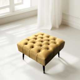 Plush Velvet Chesterfield Ottoman - Black & Gold Metal Legs, 60x60x35cm - thumbnail 2