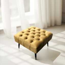 Plush Velvet Chesterfield Ottoman - Black & Gold Metal Legs, 60x60x35cm