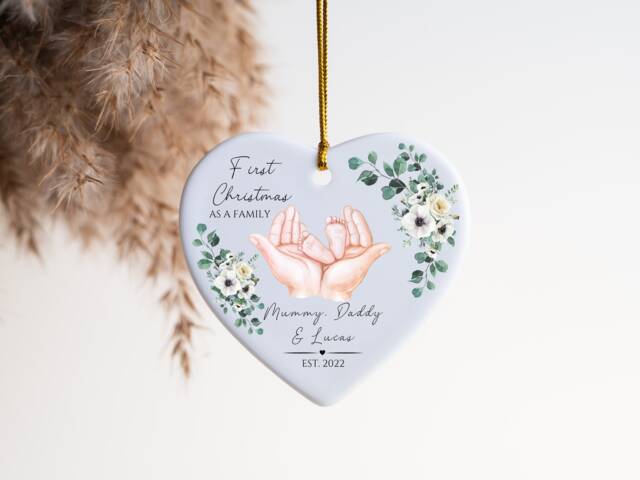Personalised First Christmas As A Family, Greenery Heart Ceramic Decoration, Ornament 2022, Family Keepsake Baby's 1st - image 1