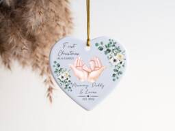 Personalised First Christmas As A Family, Greenery Heart Ceramic Decoration, Ornament 2022, Family Keepsake Baby's 1st - thumbnail 1