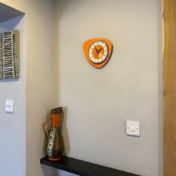 Handmade Royale Asymmetric Starburst Clock - Neon Tangerine Midcentury Atomic Retro - thumbnail 4