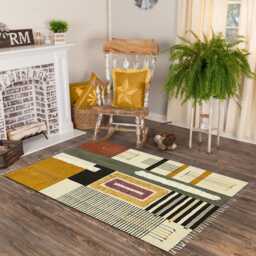 Hand Woven Cotton Kilim Rug Gray, Yellow, Geometric Accent Rug - thumbnail 1