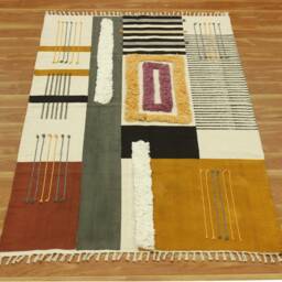 Hand Woven Cotton Kilim Rug Gray, Yellow, Geometric Accent Rug - thumbnail 2